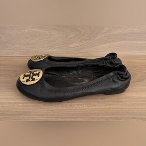 Tory Burch Reva Ballet Flats Women US 7 Black Leather Gold Logo